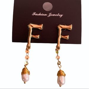 Round Fresh Pearl Initial Name Letter F Gold Color